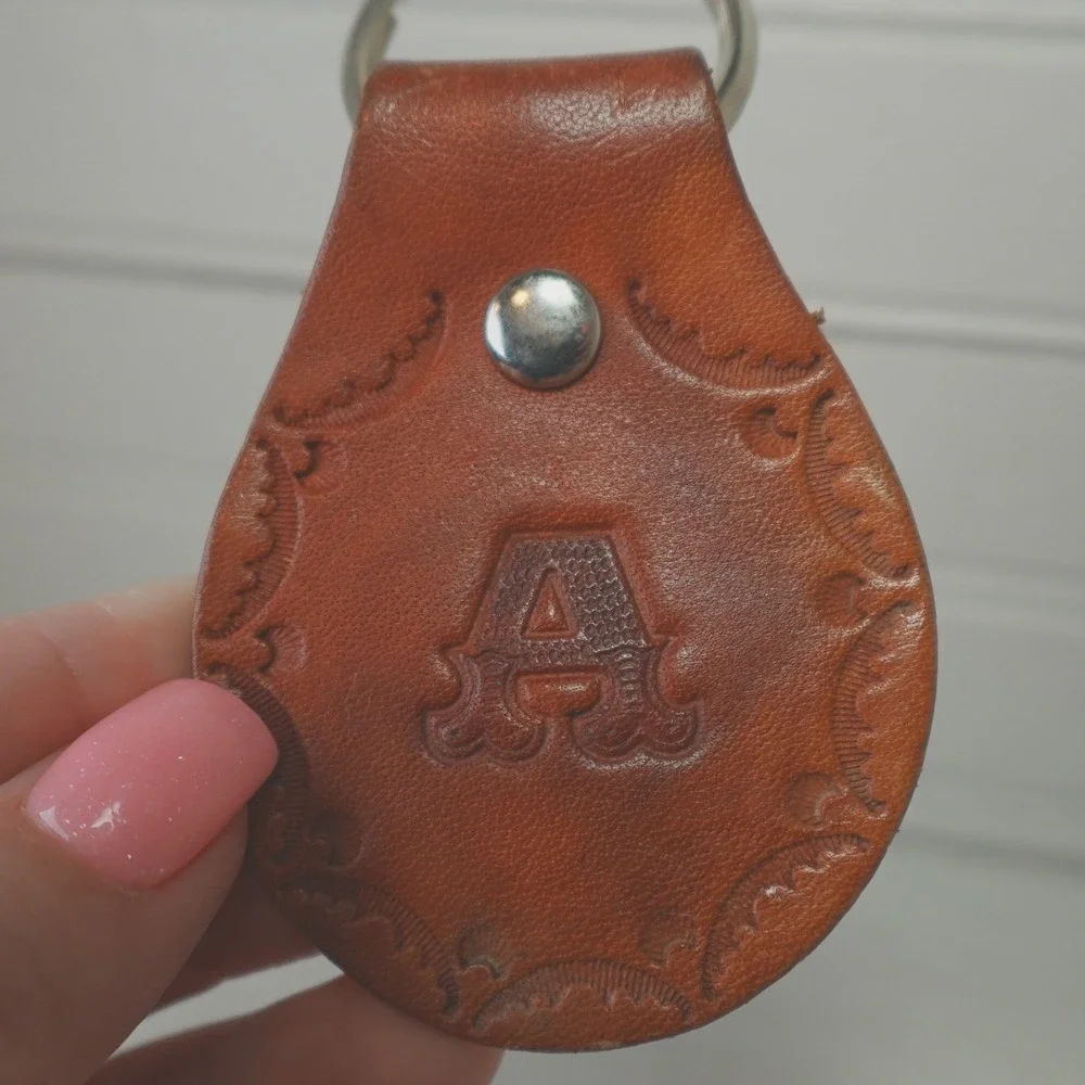Vintage Leather Keychain Letter A Tooled Stamped Initial Bag Charm Boho Unisex